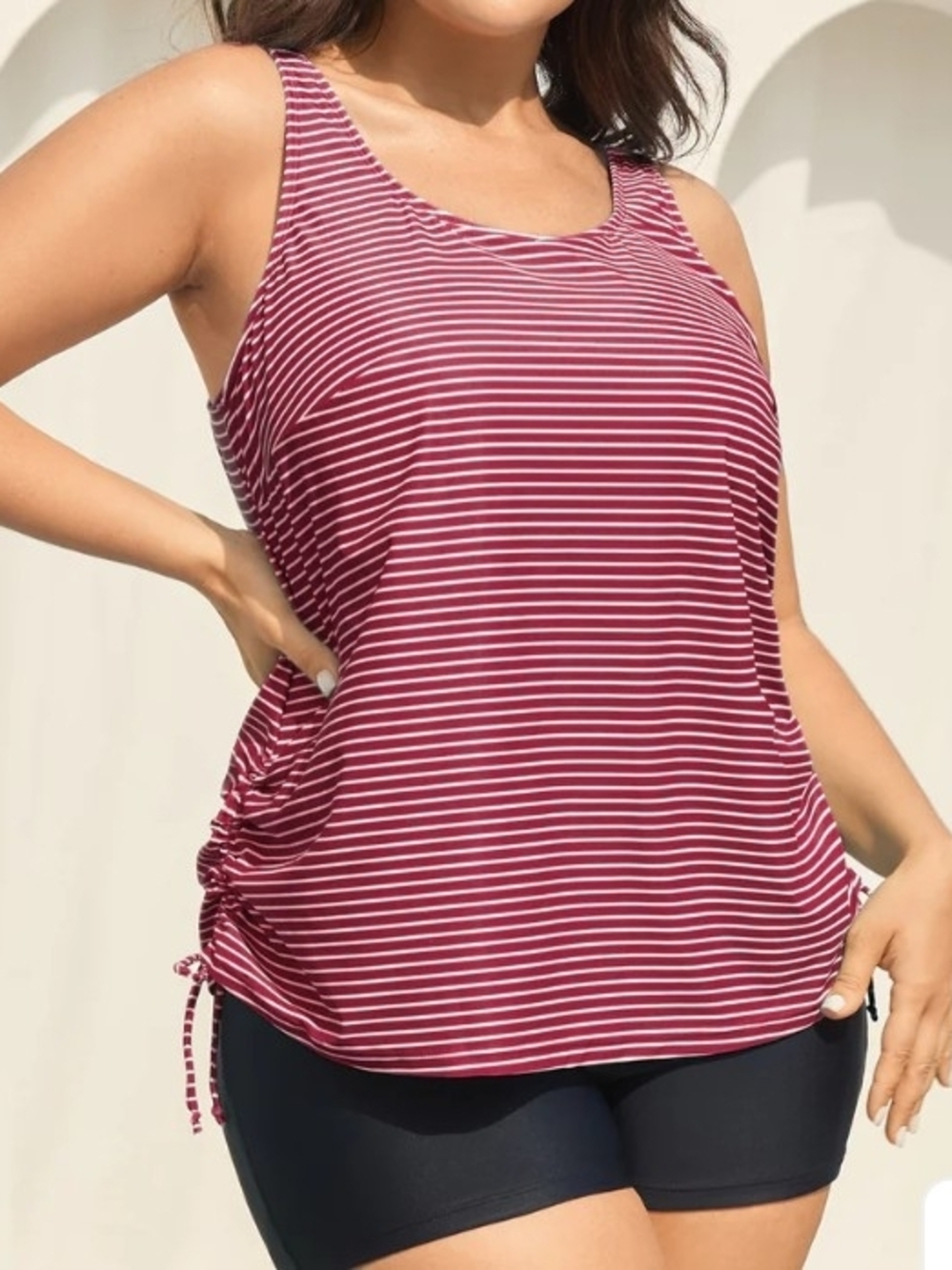 Striped Non-Removable Cups in Burgundy & White with Side Drawstring Swim Top
